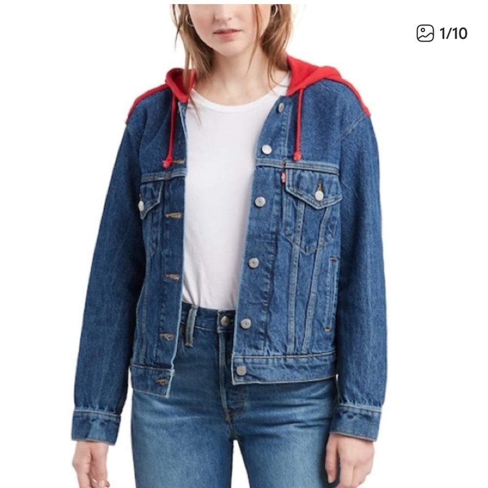 Levi’s Boyfriend Denim Trucker Jacket With Red Terry Hood and Back Small